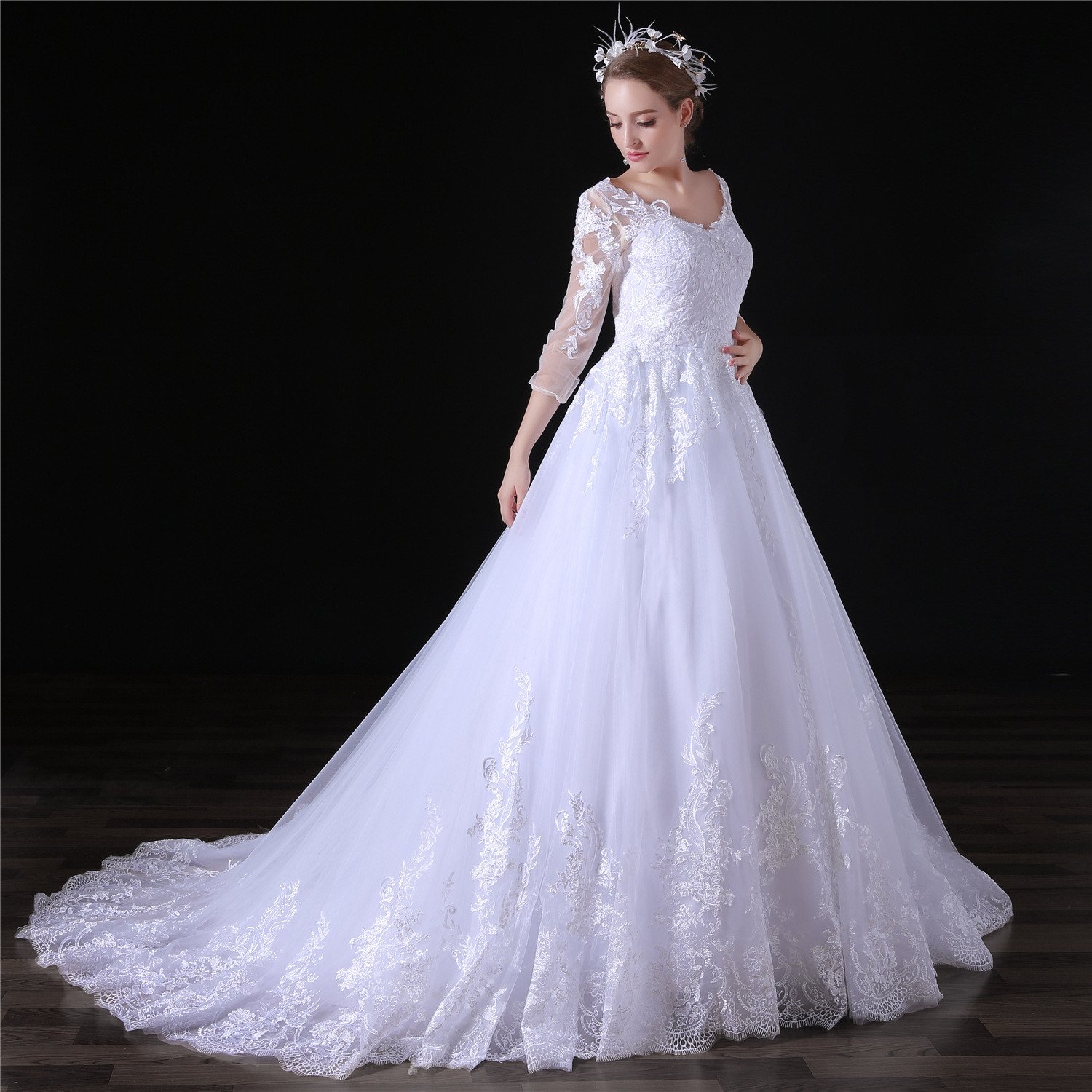 Lace Wedding Dress Plus Size A Line With Train Online For Sale