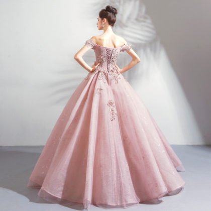 Pink Ball Gown Prom Dress Lace Flower Wedding Dress