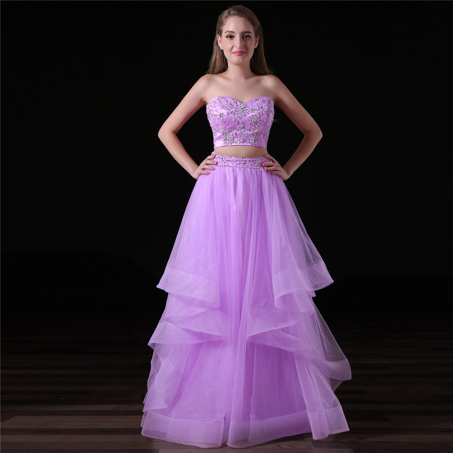 purple two piece prom dress