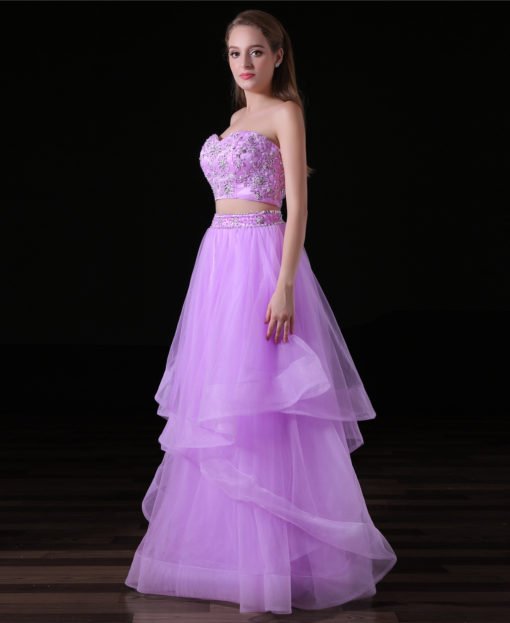 Purple Two Piece Prom Dress Strapless Long Girls Gown 3337