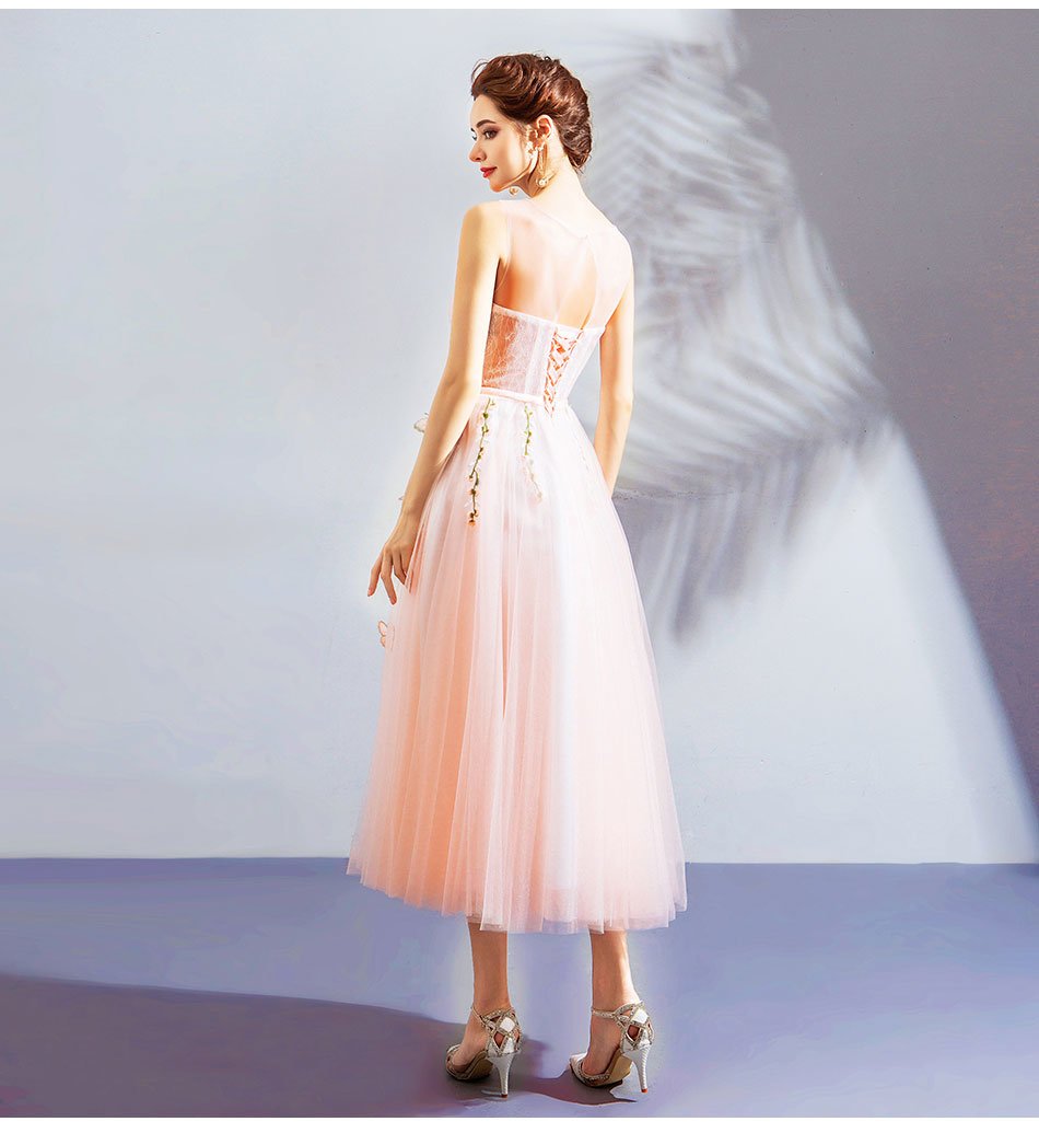 Tea Length Pink Prom Dress A Line Cocktail Bridesmaid Dress 