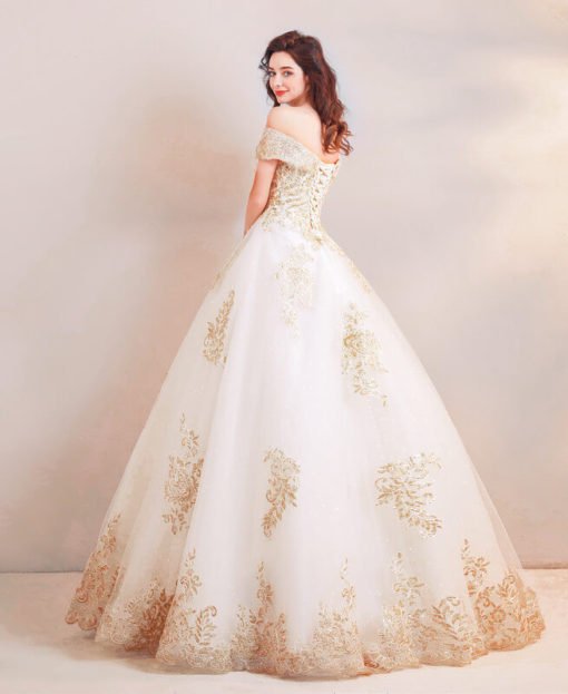 White And Gold Wedding Dress Princess Lace Bridal Dress