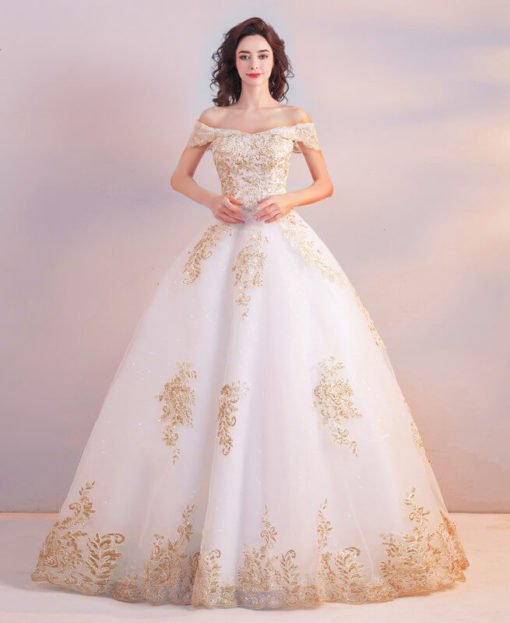 White And Gold Wedding Dress Princess Lace Bridal Dress