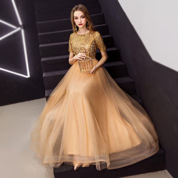 gold long dress with sleeves-0932-06