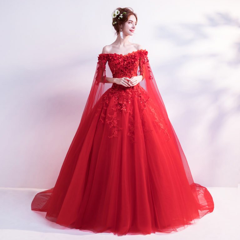 wedding-dress-with-cape-train-red-ball-gown-princess