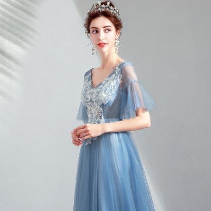 Blue Tea Length Dress V Neck A Line Prom Dress