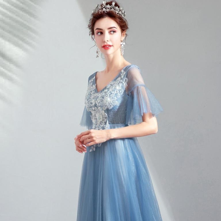 Blue Tea Length Dress V Neck A Line Prom Dress