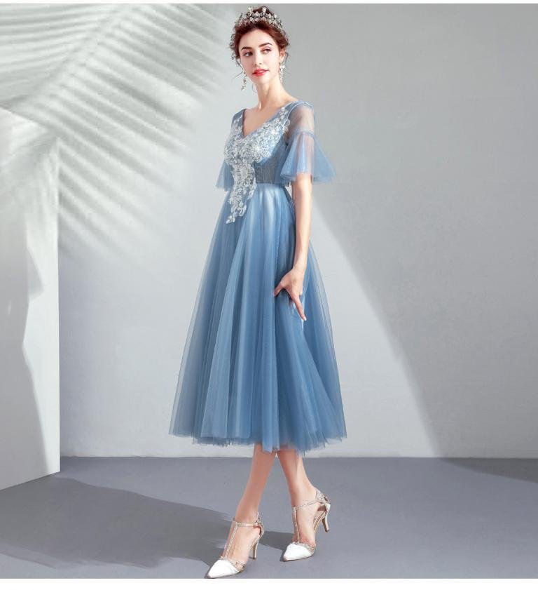 Blue Tea Length Dress V Neck A Line Prom Dress