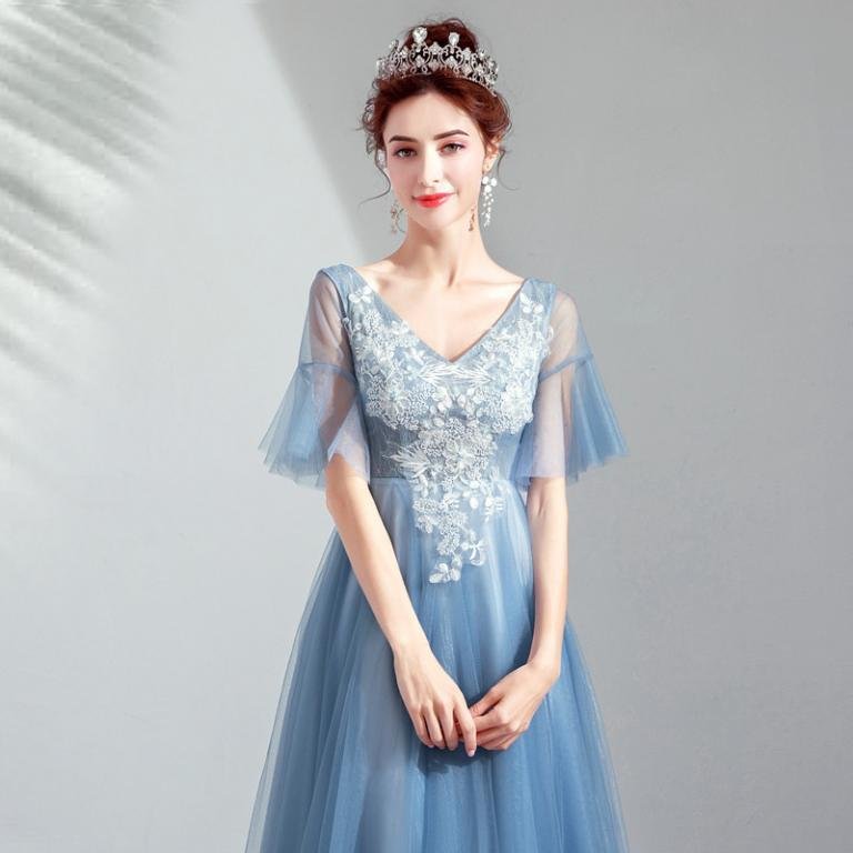 Blue Tea Length Dress V Neck A Line Prom Dress