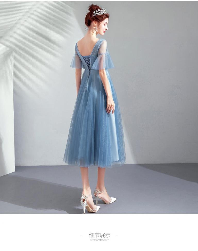 Blue Tea Length Dress V Neck A Line Prom Dress