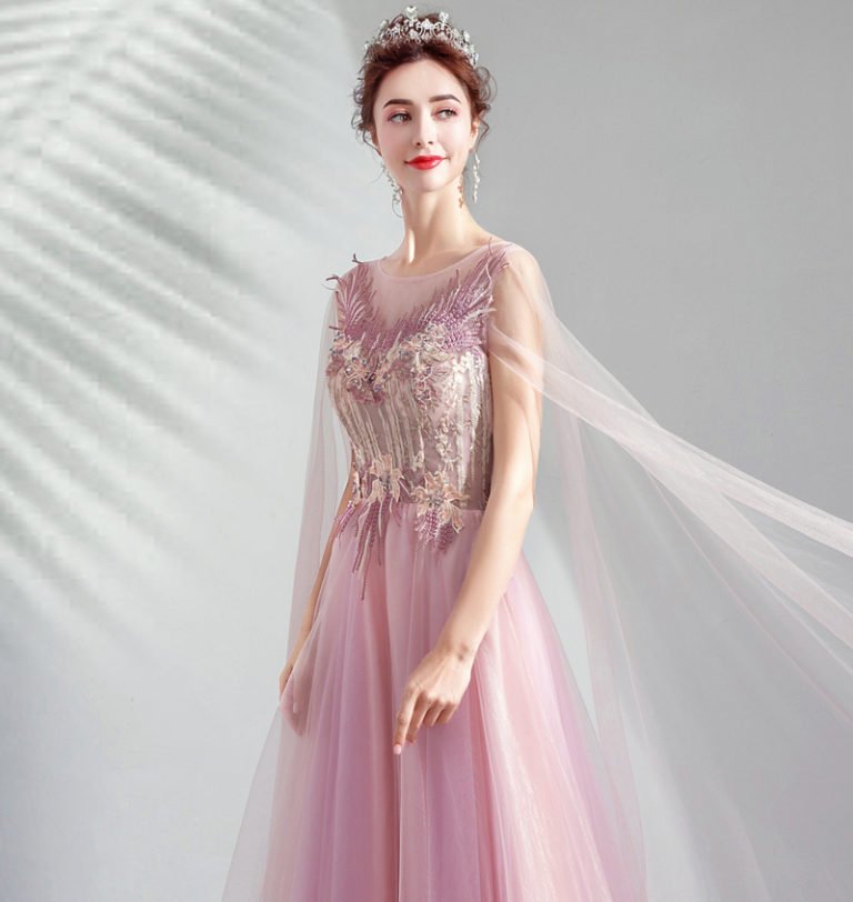 Cape Sleeves Dress Pink A Line Long Prom Dress 2019 Sale