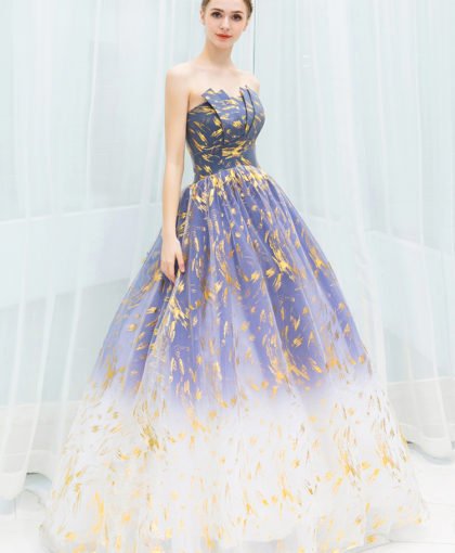 Blue And Gold Prom Dress Strapless Ball Gown Formal Dress