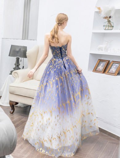 Blue And Gold Prom Dress Strapless Ball Gown Formal Dress 9964