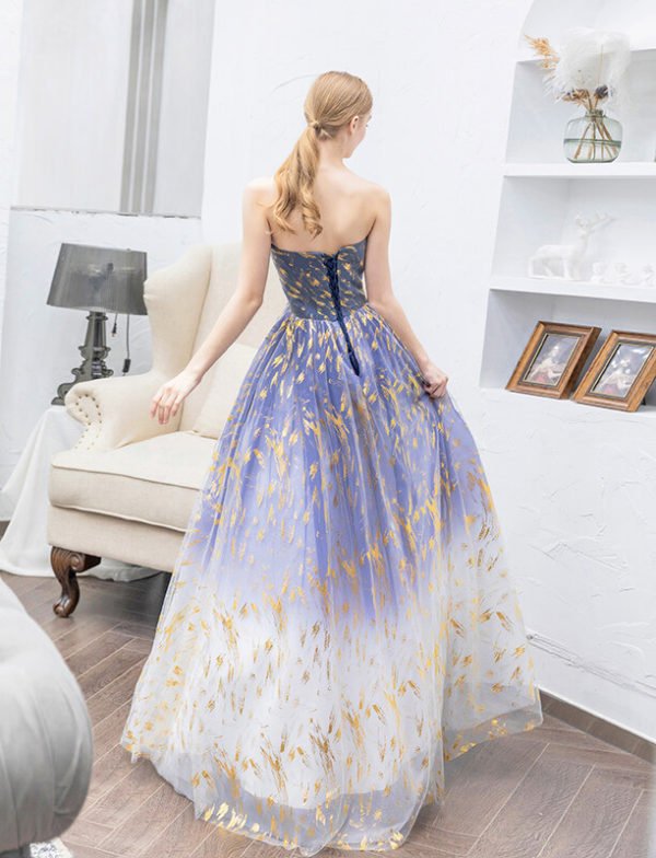 Blue And Gold Prom Dress Strapless Ball Gown Formal Dress