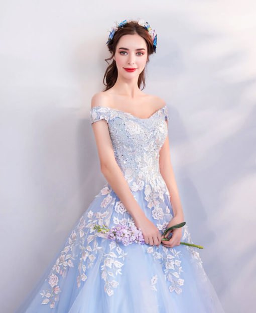 Blue Ball Gown Prom Dress Princess Off The Shoulder With Train