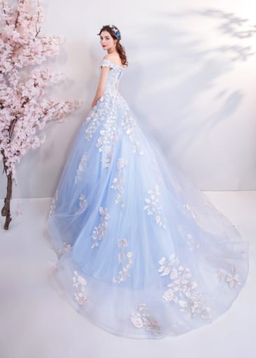 Blue Ball Gown Prom Dress Princess Off The Shoulder With Train