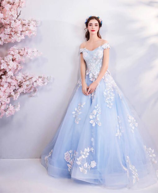 Blue Ball Gown Prom Dress Princess Off The Shoulder With Train