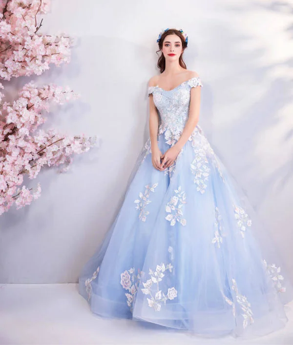 Blue Ball Gown Prom Dress Princess Off The Shoulder With Train
