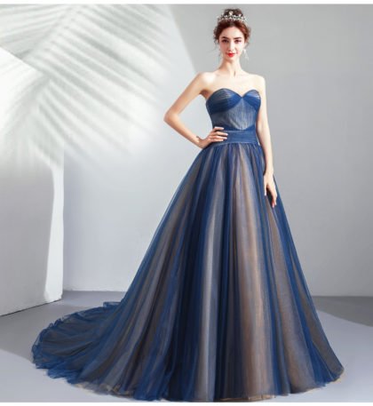 Dark Blue Prom Dresses 2019 Strapless Ball Gown With Train