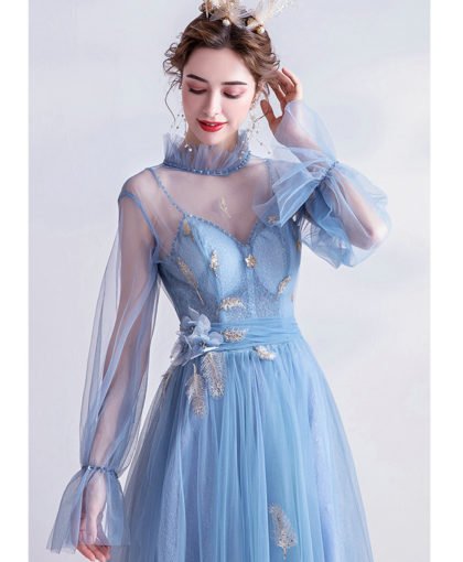 Light Blue Formal Dress High Neck A Line Long Sleeve Prom Dress