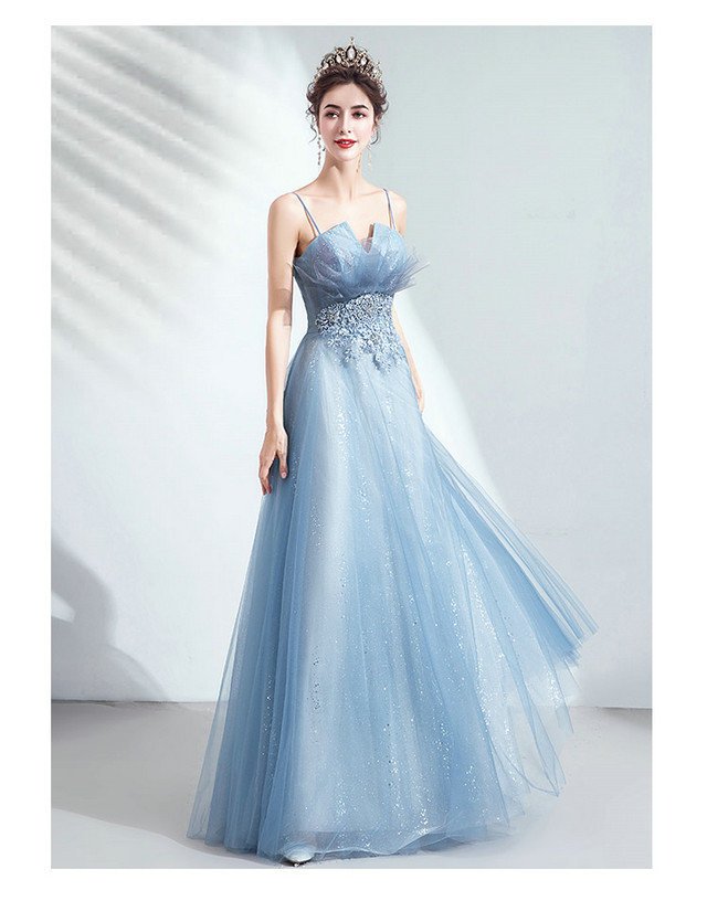 Spaghetti Strap Formal Dress A Line Blue Long Prom Dress
