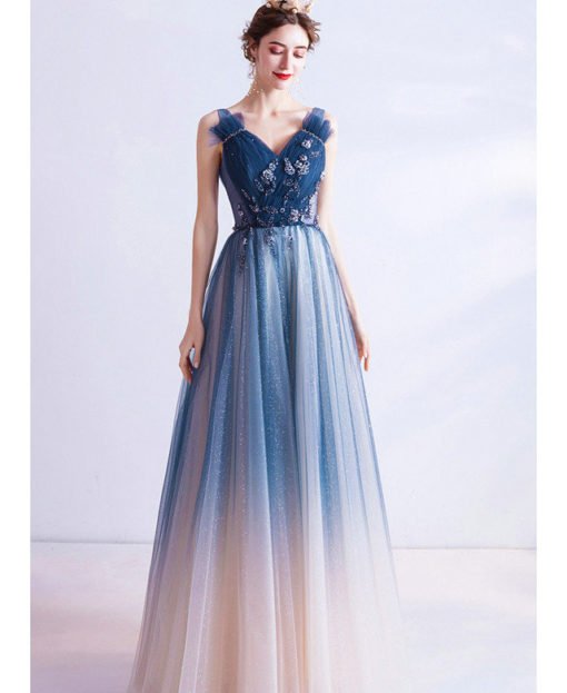 Blue And Pink Prom Dress V Neck A Line Long Bridesmaid Dress