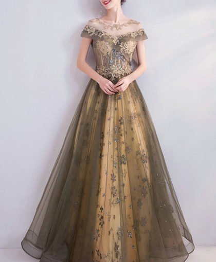 Gold Lace Prom Dress A Line Long Evening Dress For Sale