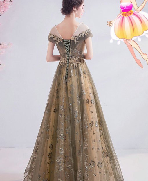 Gold Lace Prom Dress A Line Long Evening Dress For Sale