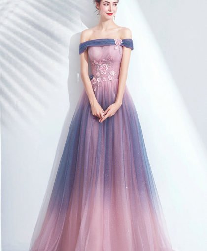 Pink And Blue Prom Dress Off The Shoulder A Line Evening Dress