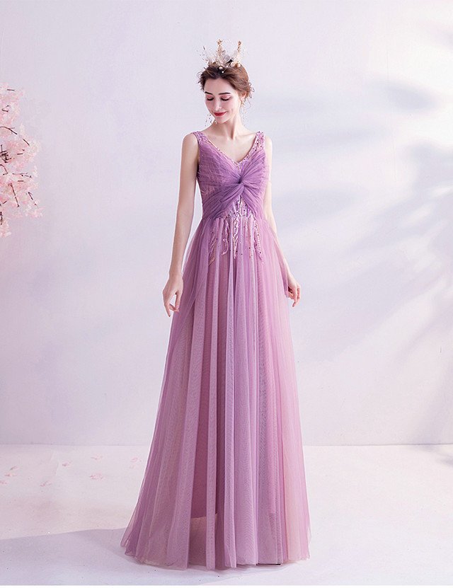 Purple Pink Prom Dress V Neck A Line Long Evening Dress Sale