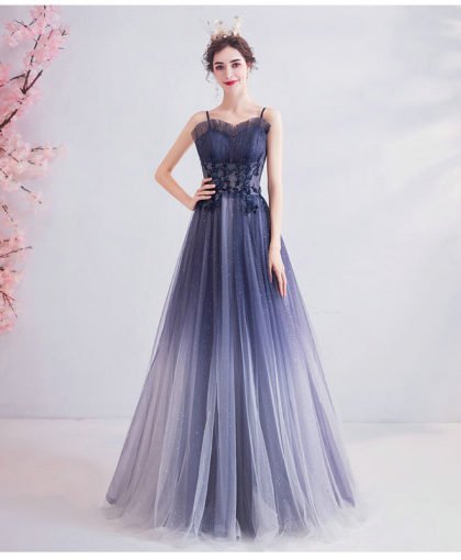 A Line Blue Prom Dress Spaghetti Strap Long Formal Dress