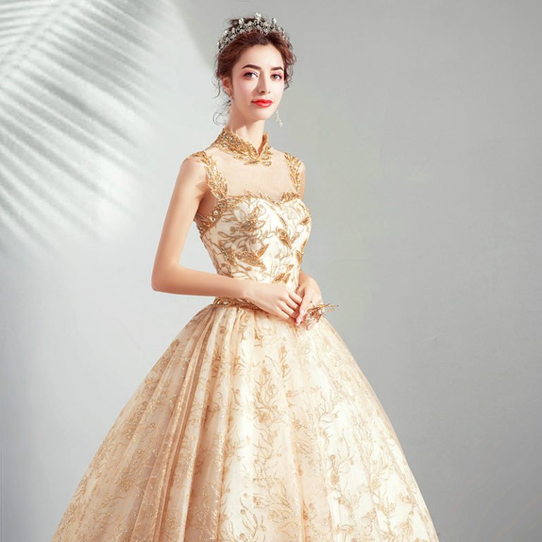 High Neck Ball Gown Gold Wedding Dress Sleeveless Prom Dress