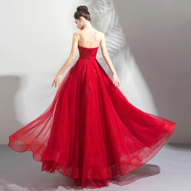 Strapless Red Ball Gown Long Sleeveless Evening Dress