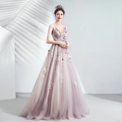 V Neck Ball Gown Pink Prom Dress Sleeveless Long Formal Dress