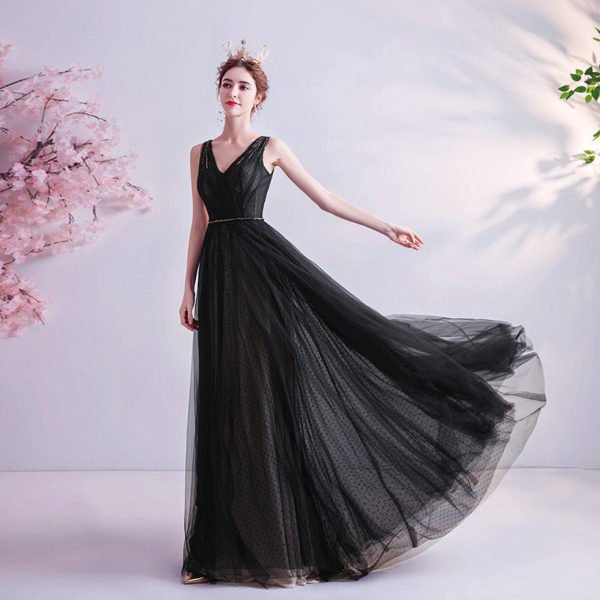 v neck black prom dress 1045-001