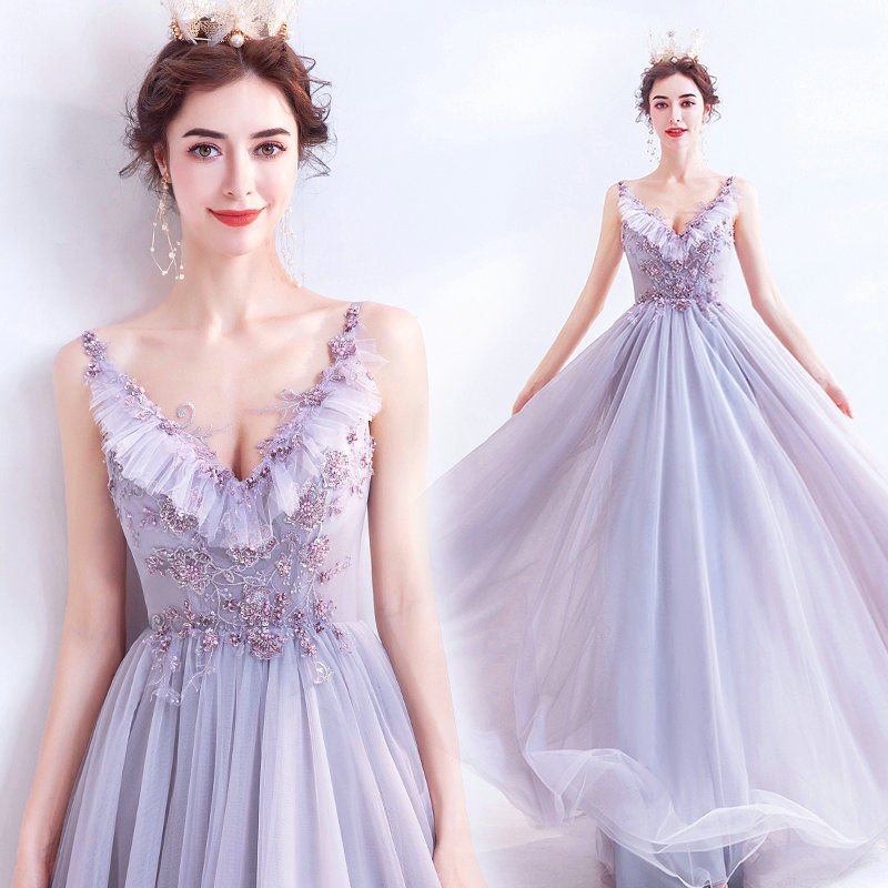 Lavender Prom Dress V Neck A Line Beaded Evening Dress