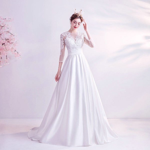 White Satin Wedding Dress A Line Long Sleeve Lace Bridal Dress