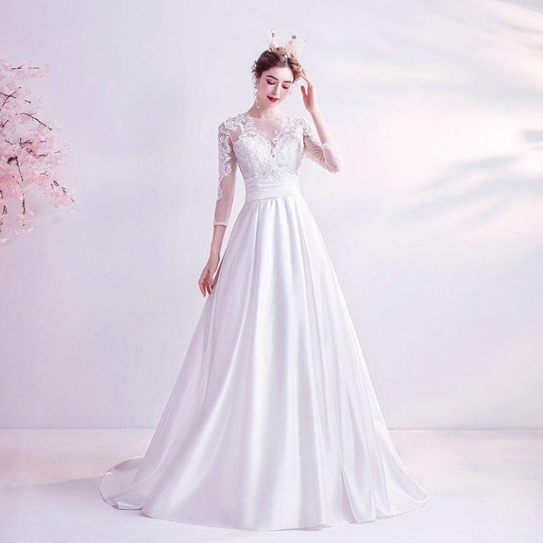 White Satin Wedding Dress A Line Long Sleeve Lace Bridal Dress