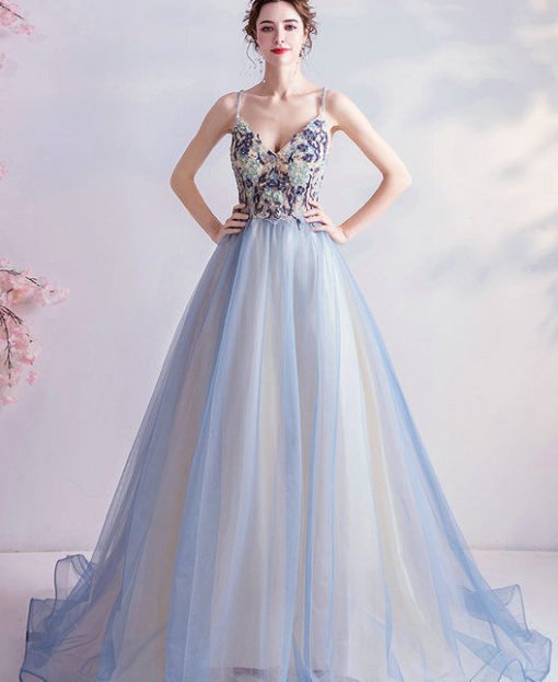 Backless Prom Dress Blue Strap Ball Gown Quinceanera Dress