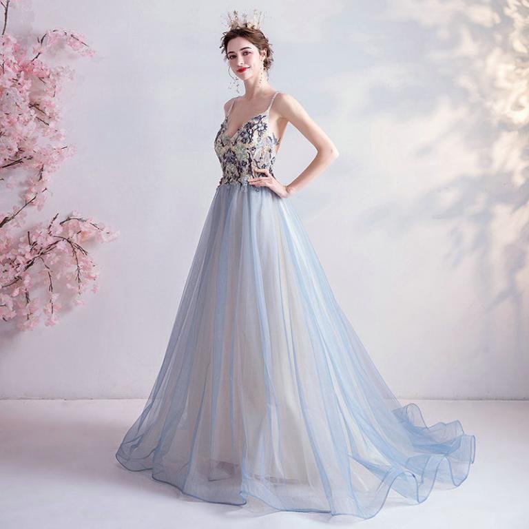 Backless Prom Dress Blue Strap Ball Gown Quinceanera Dress