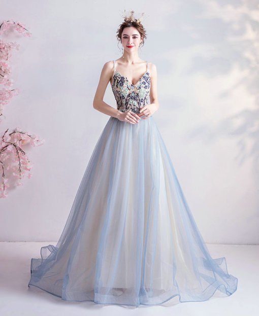 Backless Prom Dress Blue Strap Ball Gown Quinceanera Dress