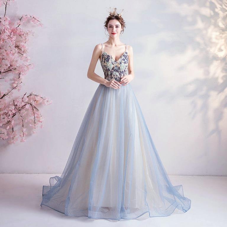 Backless Prom Dress Blue Strap Ball Gown Quinceanera Dress