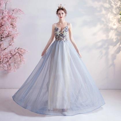 Backless Prom Dress Blue Strap Ball Gown Quinceanera Dress