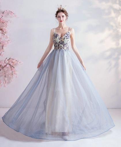 Backless Prom Dress Blue Strap Ball Gown Quinceanera Dress