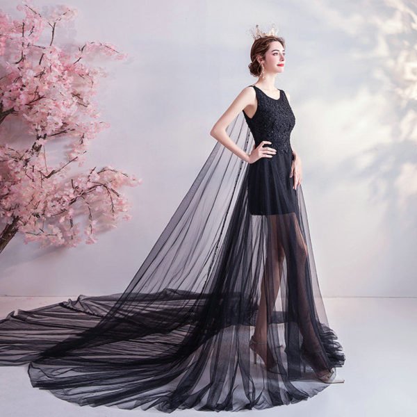 black prom dress with cape 1080-004