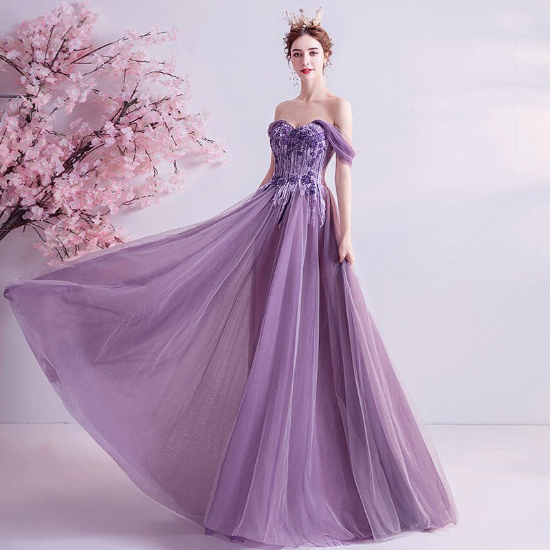 Corset Prom Dress Off The Shoulder A Line Purple Evening Dress