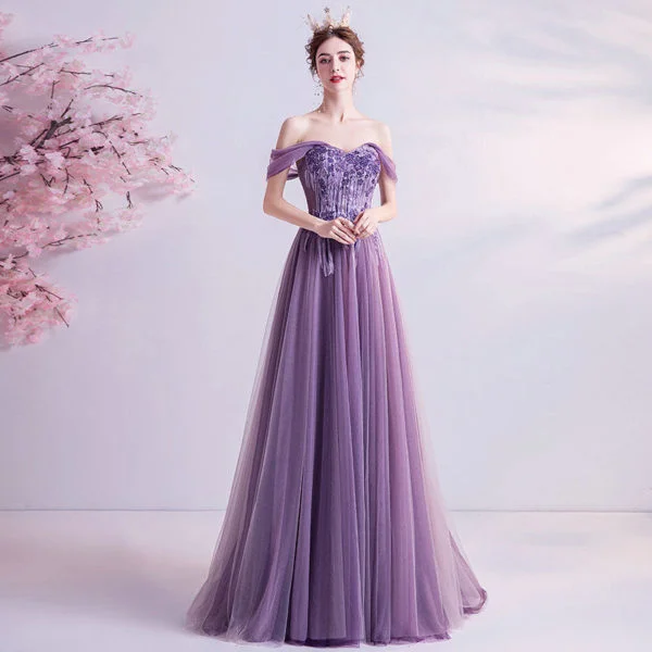 Corset Prom Dress Off The Shoulder A Line Purple Evening Dress