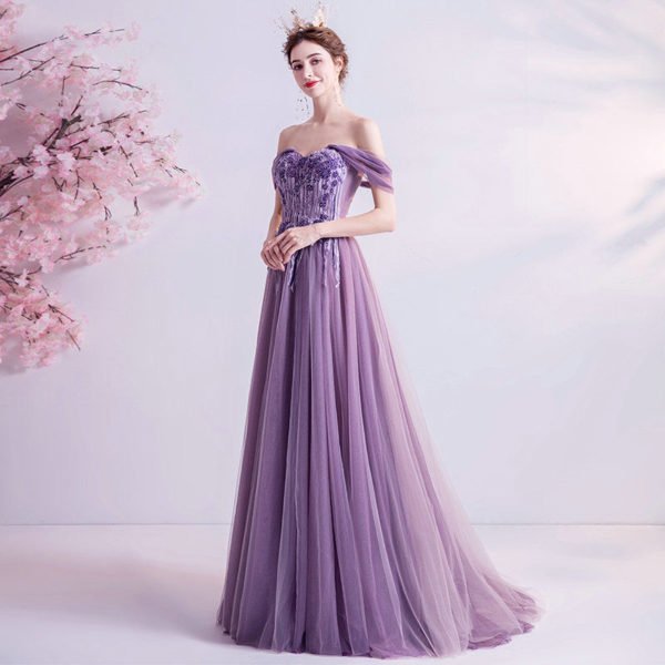 Corset Prom Dress Off The Shoulder A Line Purple Evening Dress