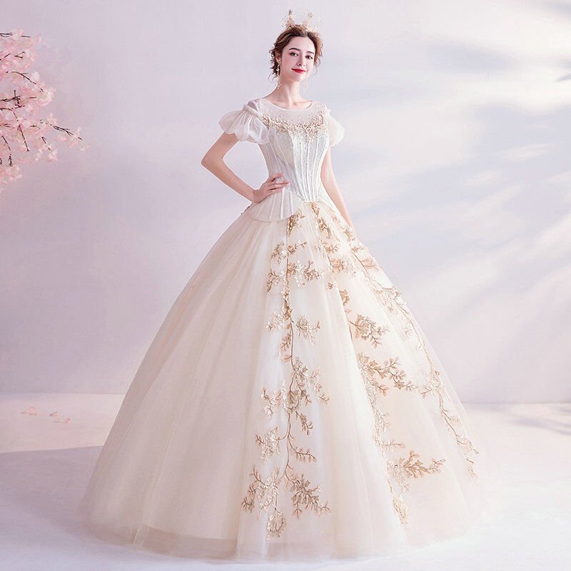 Formal Ball Gown Prom Dress Princess White And Gold Wedding Dress