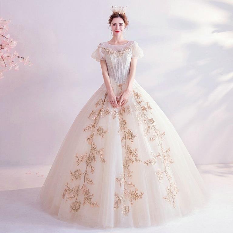 Formal Ball Gown Prom Dress Princess White And Gold Wedding Dress